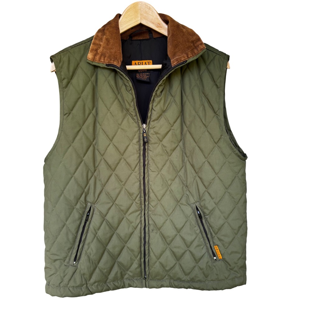 Ariat Mens Green Quilted Vest Corduroy Size Medium Western Cowboy Ranch Gorpcore